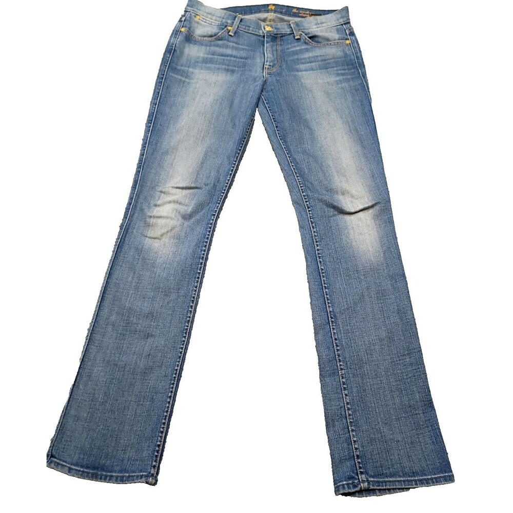 7 For all Mankind Jeans Womens Sz 28 Straight Leg Denim Blue Stretch Distressed
